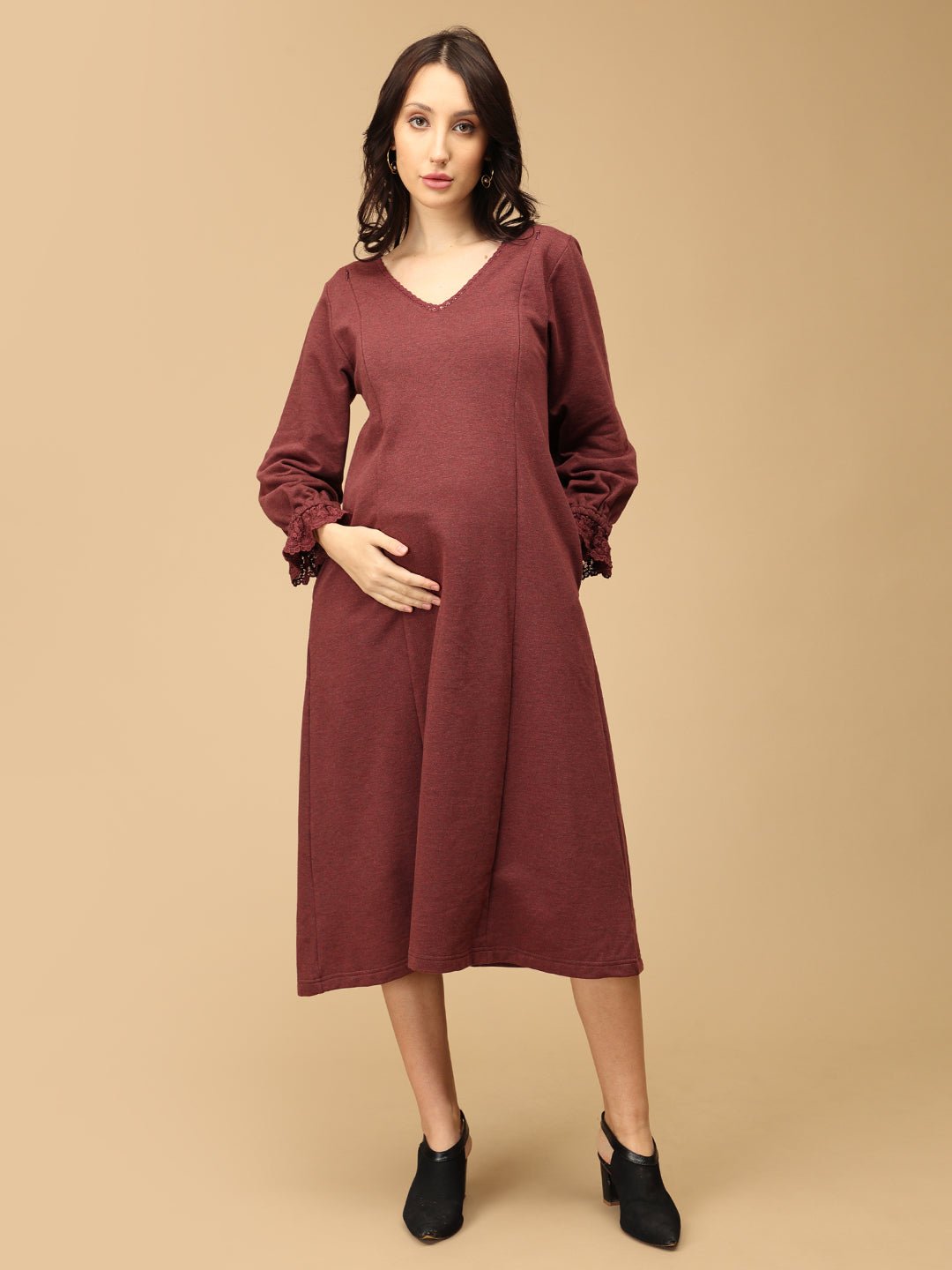  Cozy Claret Maternity and Nursing Winter Dress Maroon