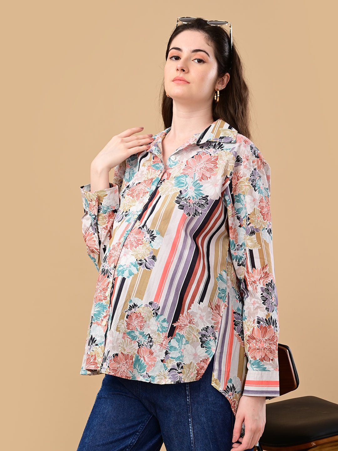  Cream Classic Maternity and Nursing Oversized Shirt Cream