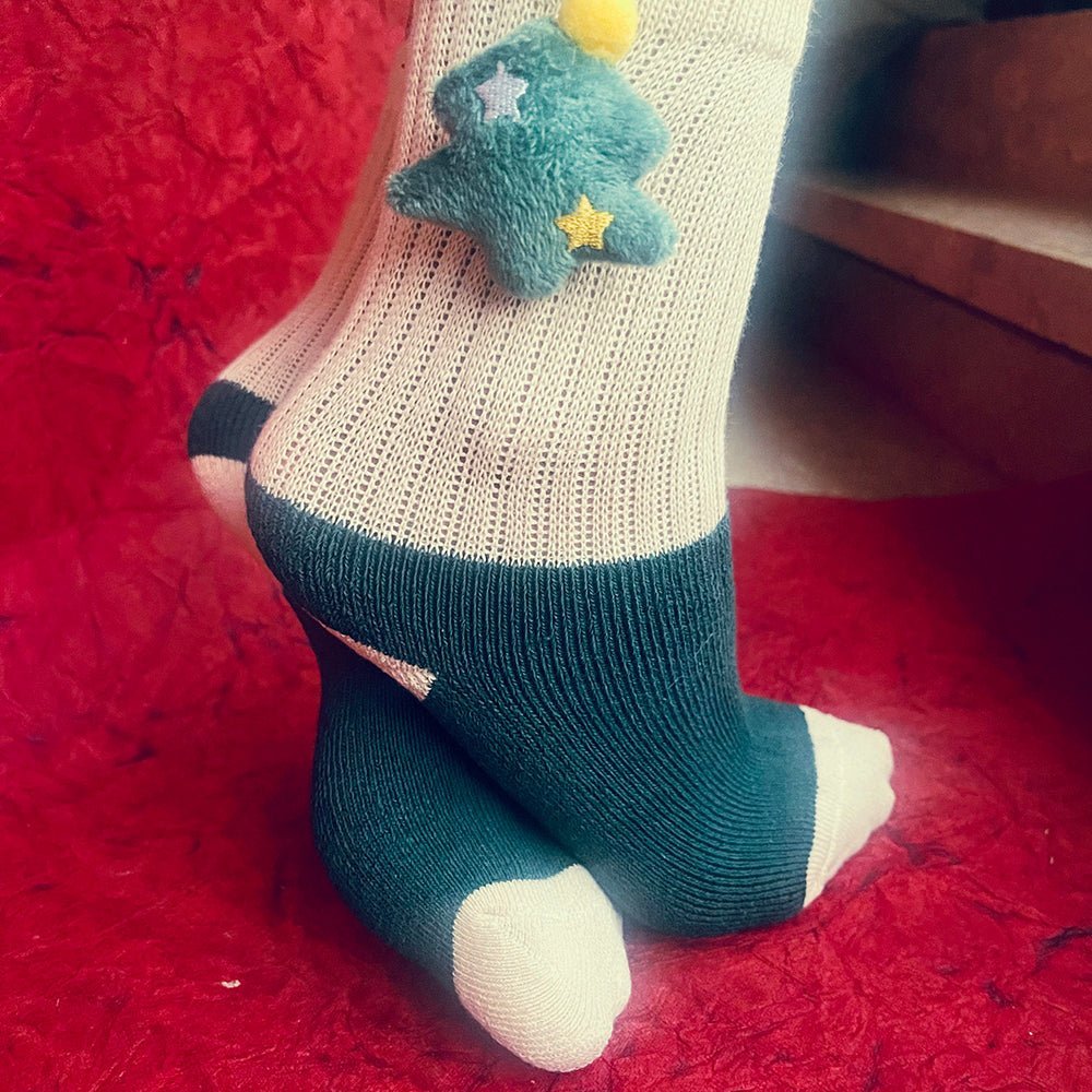 Little Surprise Box Cream Green 3D Christmas Tree Socks For Kids