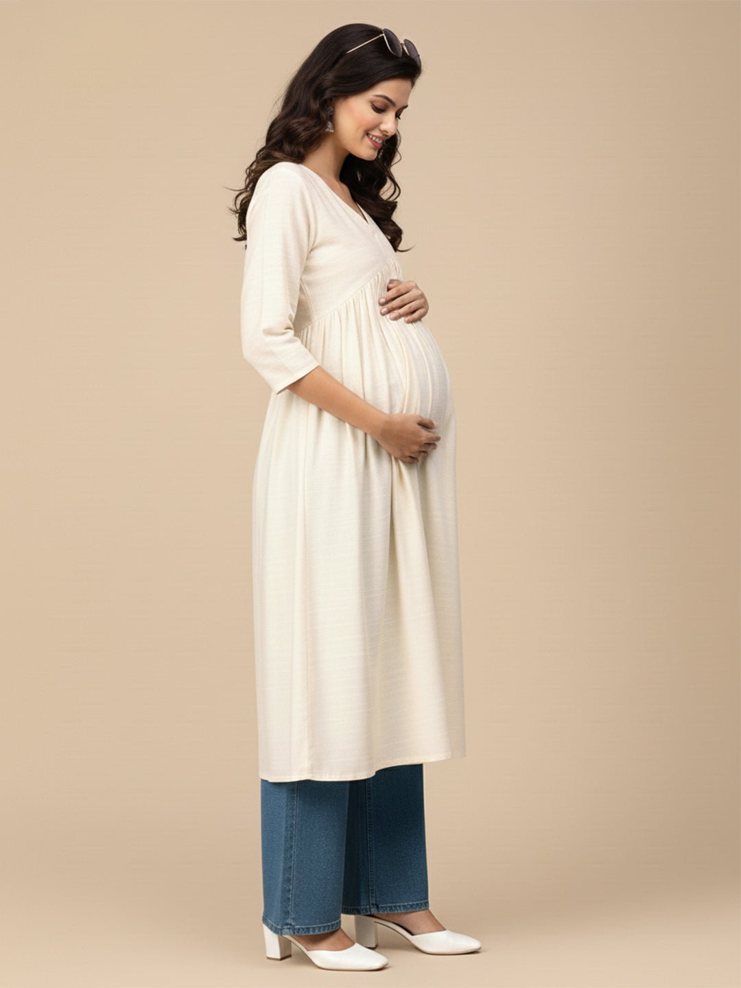  Sukoon Maternity and Nursing Silk Kurta Cream