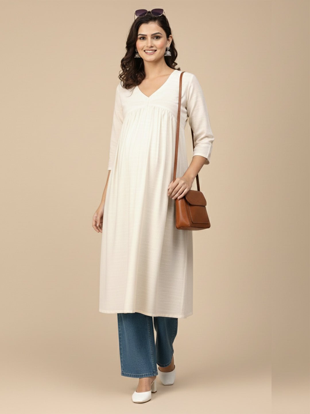  Sukoon Maternity and Nursing Silk Kurta Cream