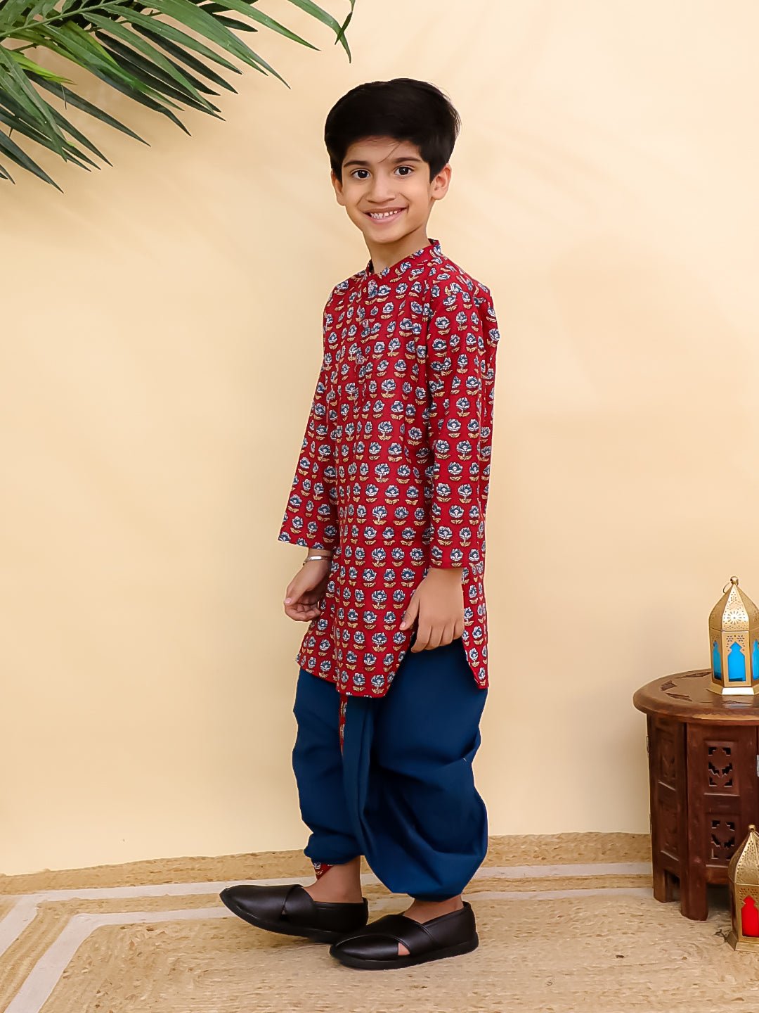 Crimson Floral Print Boys Dhoti Kurta Set