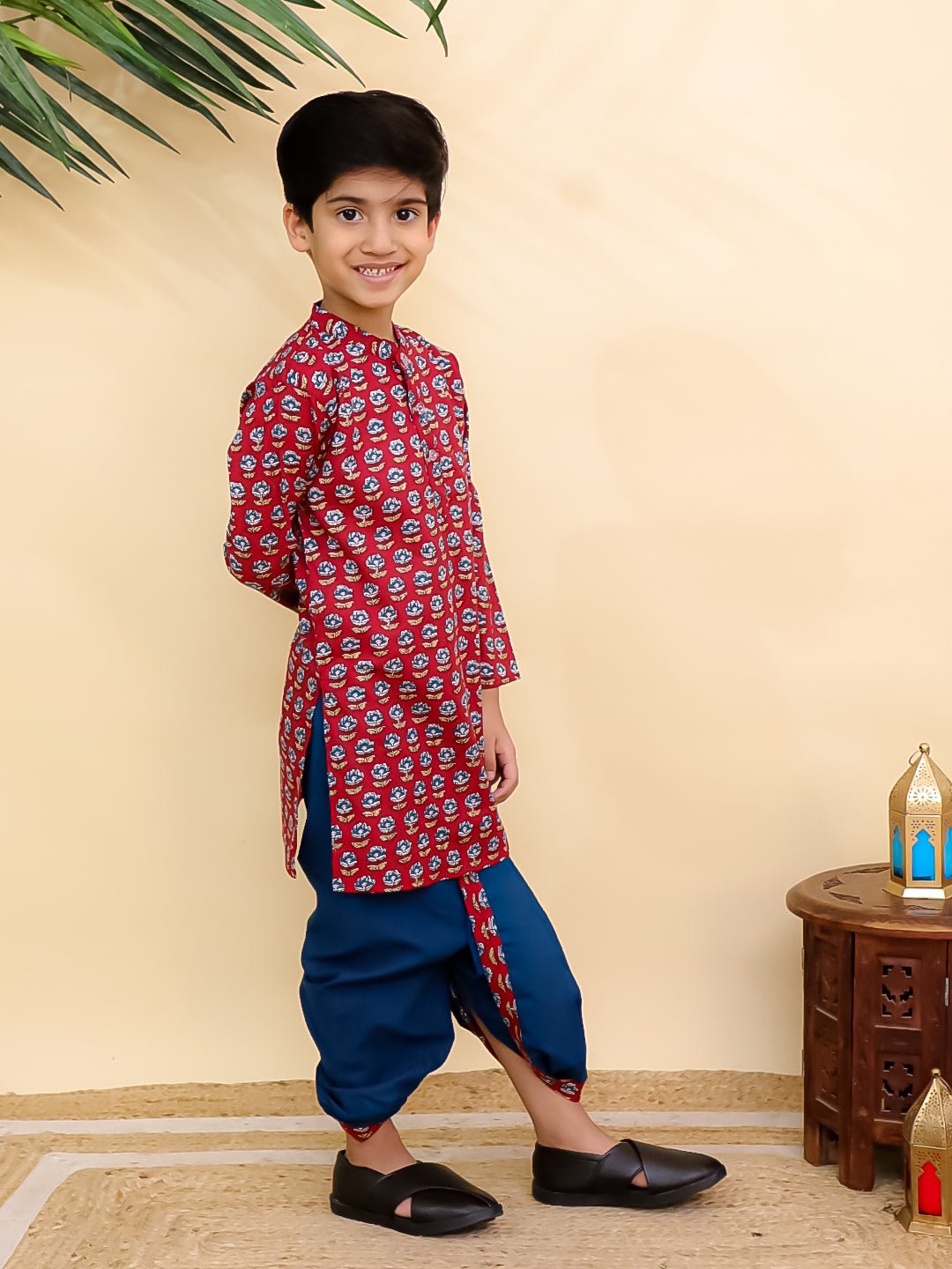 Crimson Floral Print Boys Dhoti Kurta Set