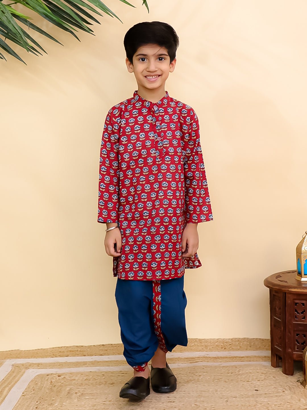 Crimson Floral Print Boys Dhoti Kurta Set