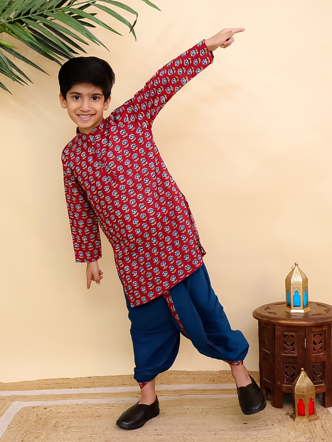 Crimson Floral Print Boys Dhoti Kurta Set