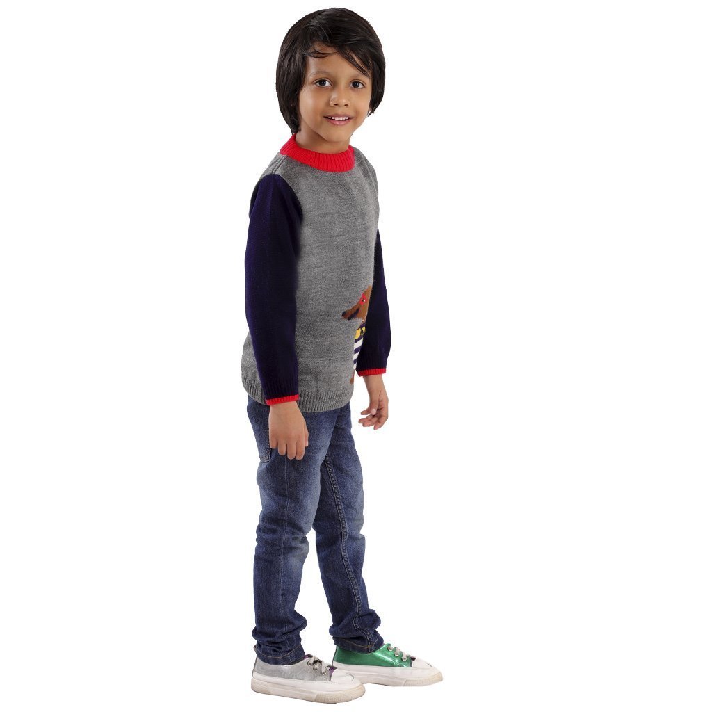 Gray Cute Puppy Design Knitted Sweater For Kids