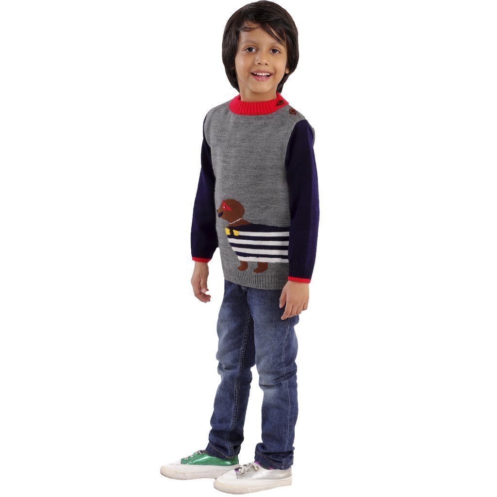 Gray Cute Puppy Design Knitted Sweater For Kids