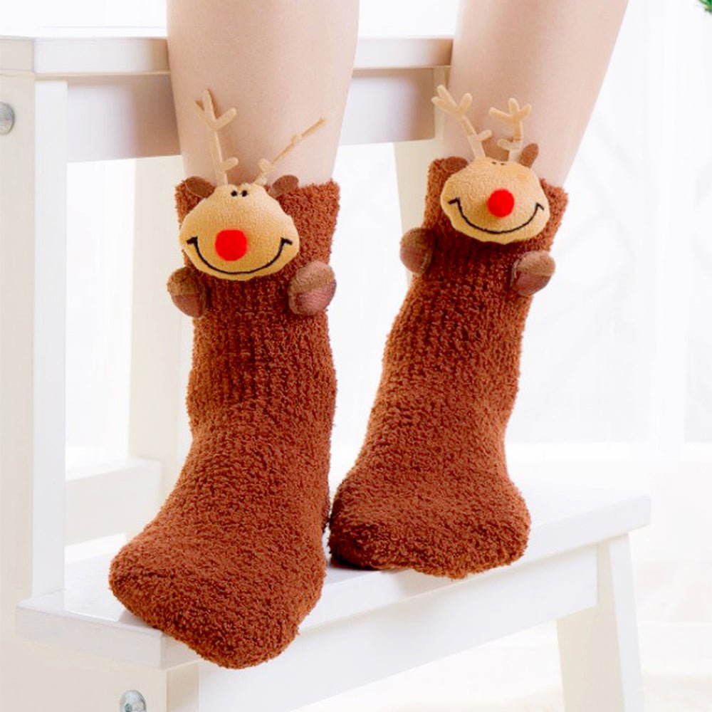 Little Surprise Box Dark Brown Reindeer Xmas Tree Theme Woolen Socks