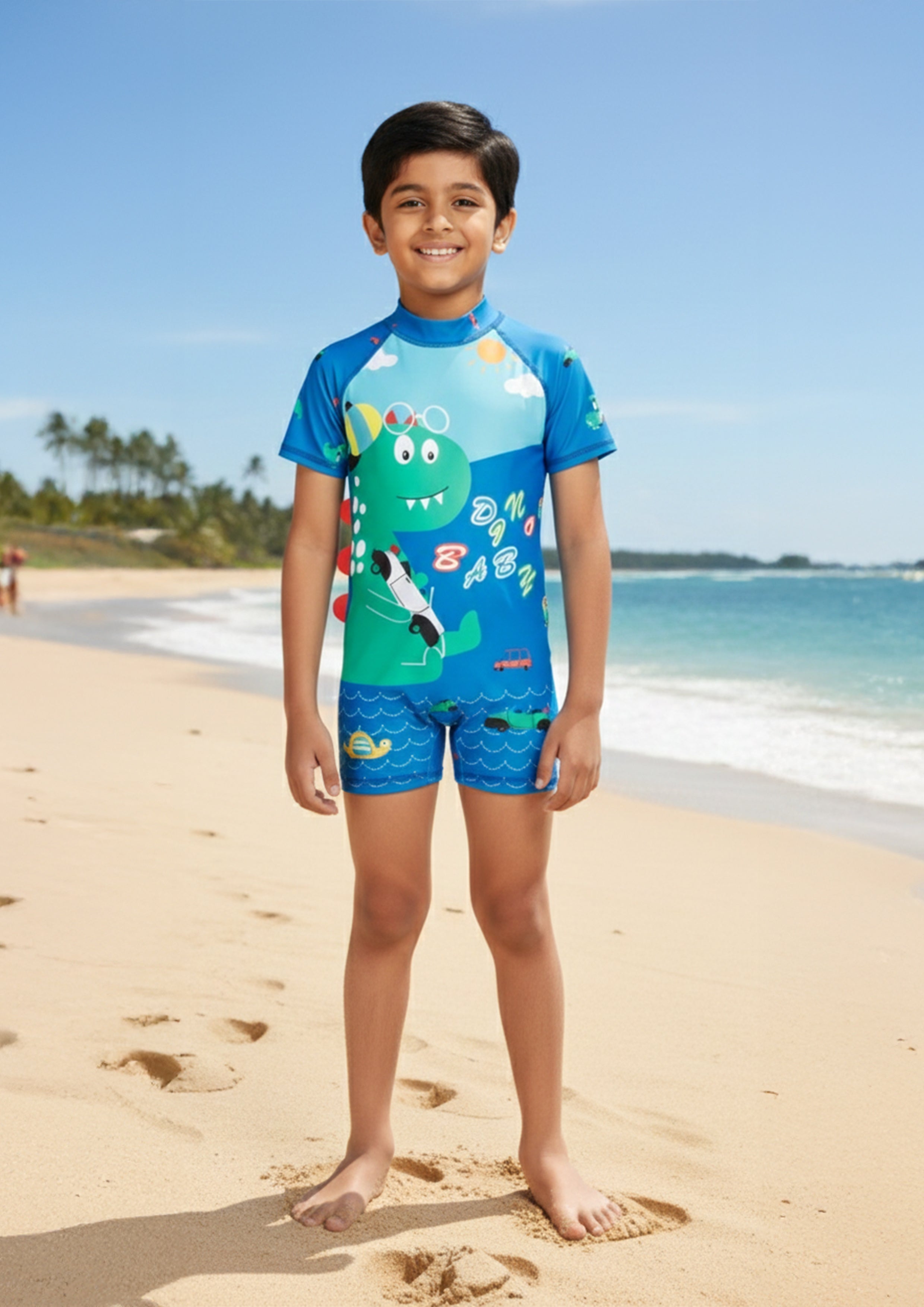 Blue Printed Dino Dive Boys Swimsuit With Matching Cap