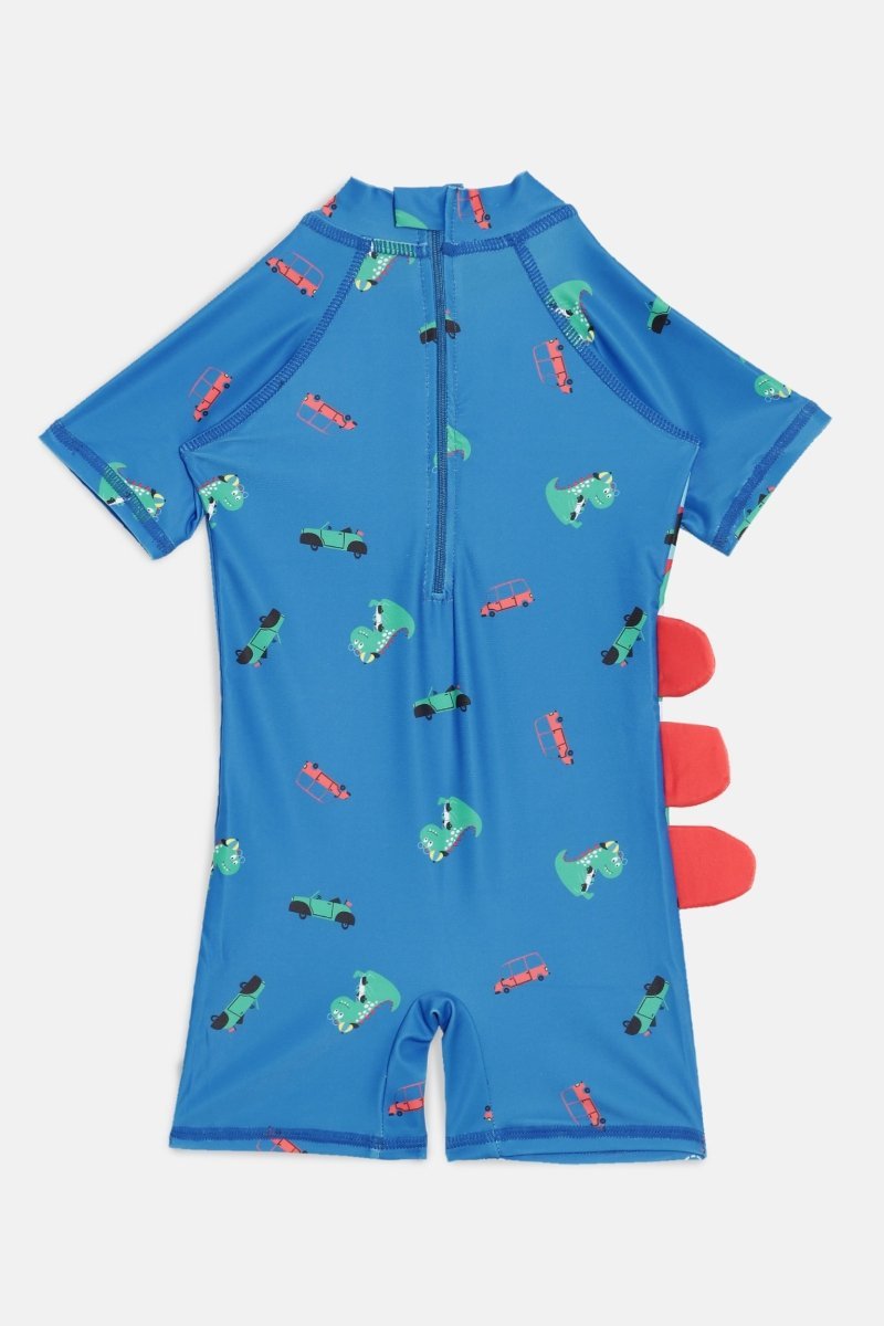Blue Printed Dino Dive Boys Swimsuit With Matching Cap