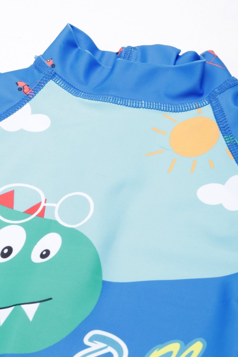 Blue Printed Dino Dive Boys Swimsuit With Matching Cap