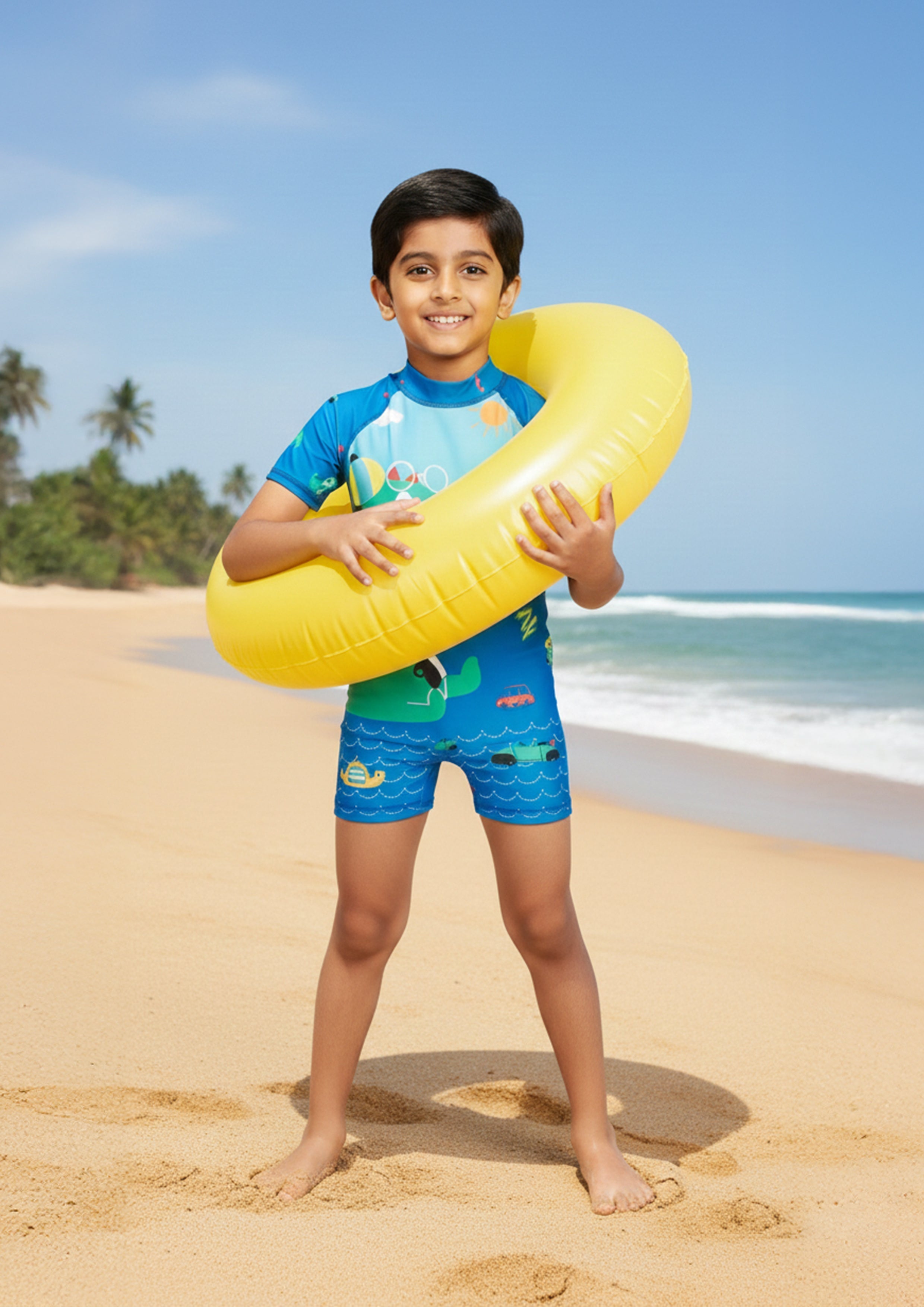 Blue Printed Dino Dive Boys Swimsuit With Matching Cap