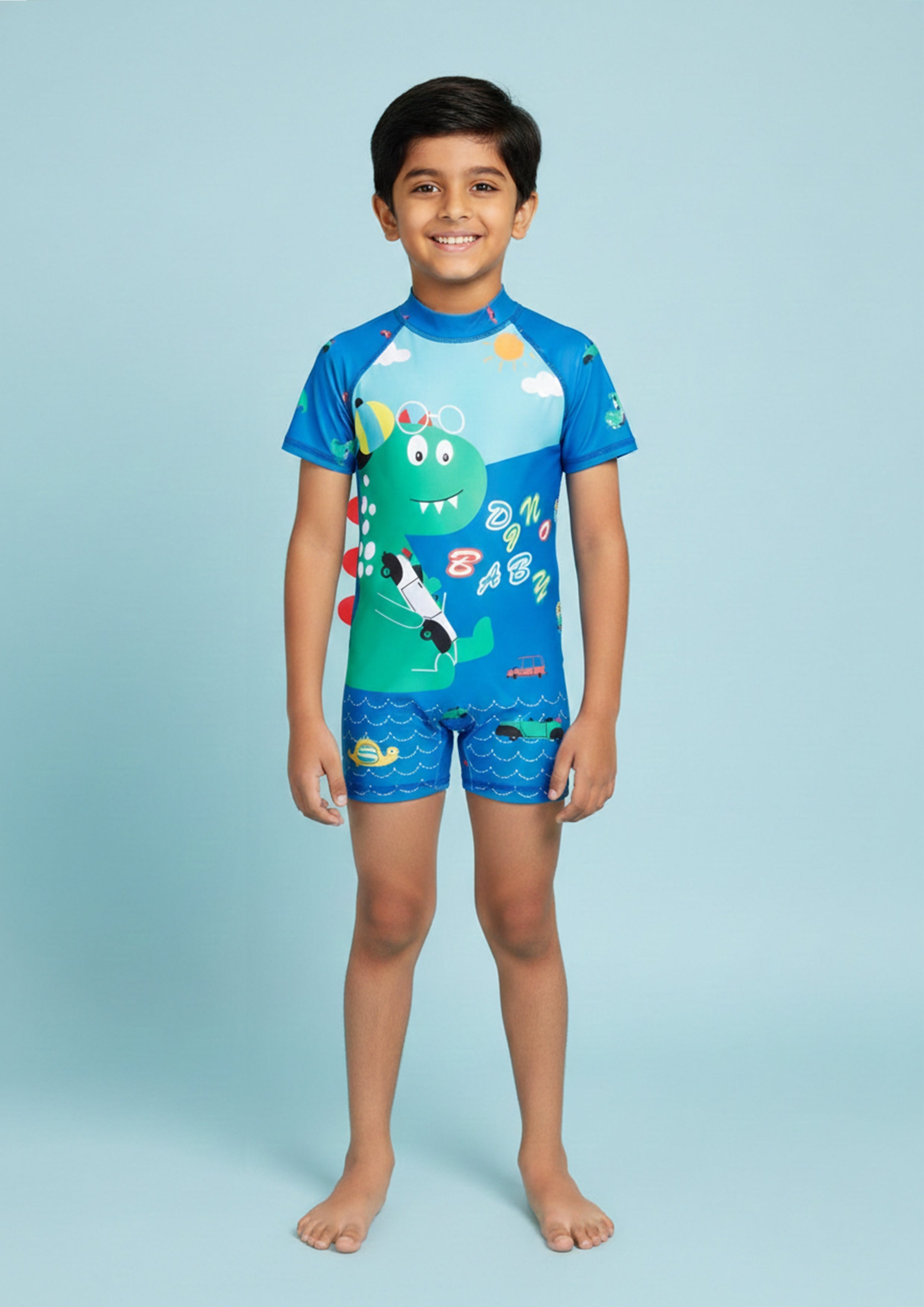 Blue Printed Dino Dive Boys Swimsuit With Matching Cap