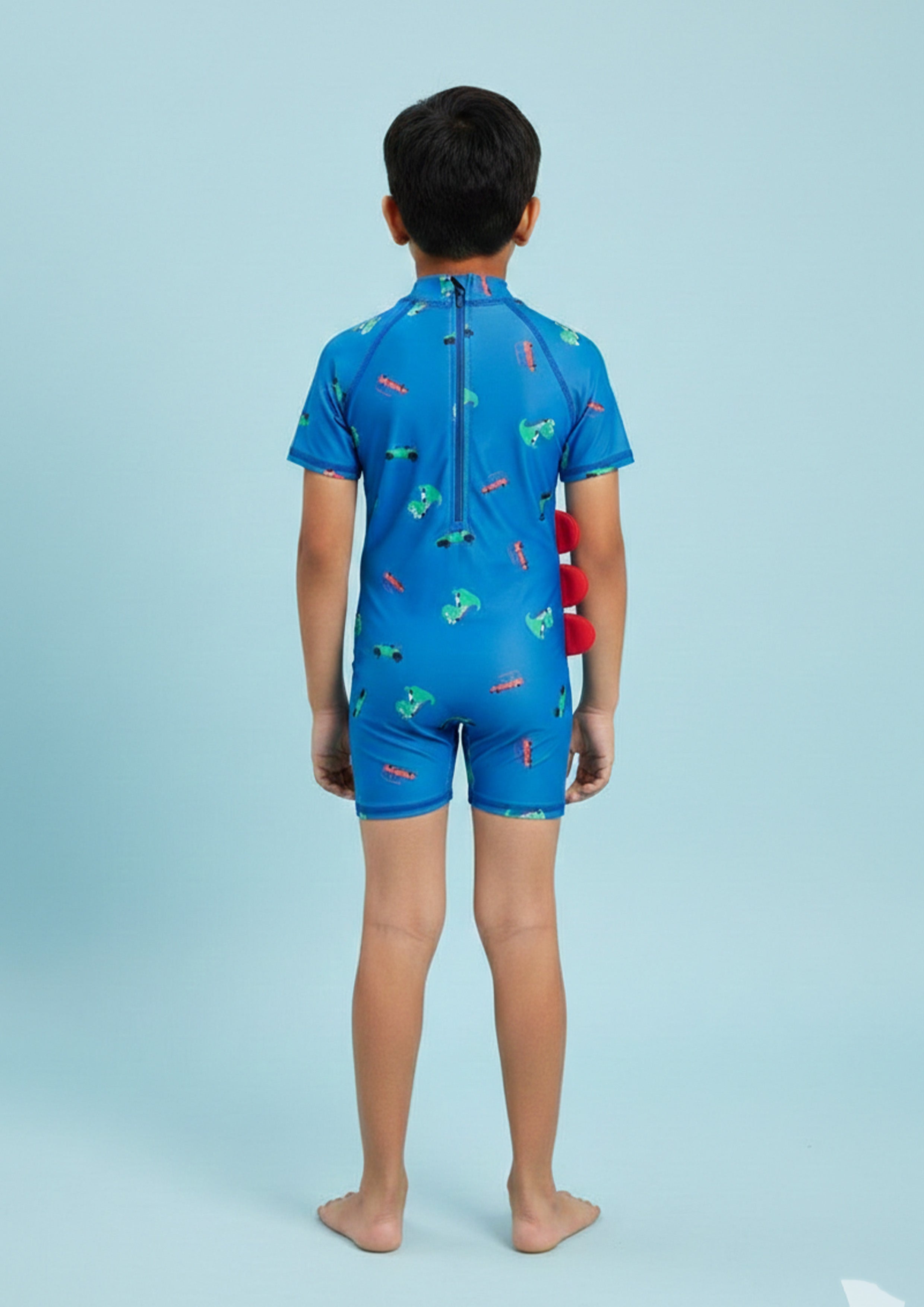 Blue Printed Dino Dive Boys Swimsuit With Matching Cap
