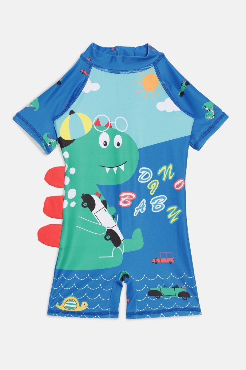 Blue Printed Dino Dive Boys Swimsuit With Matching Cap