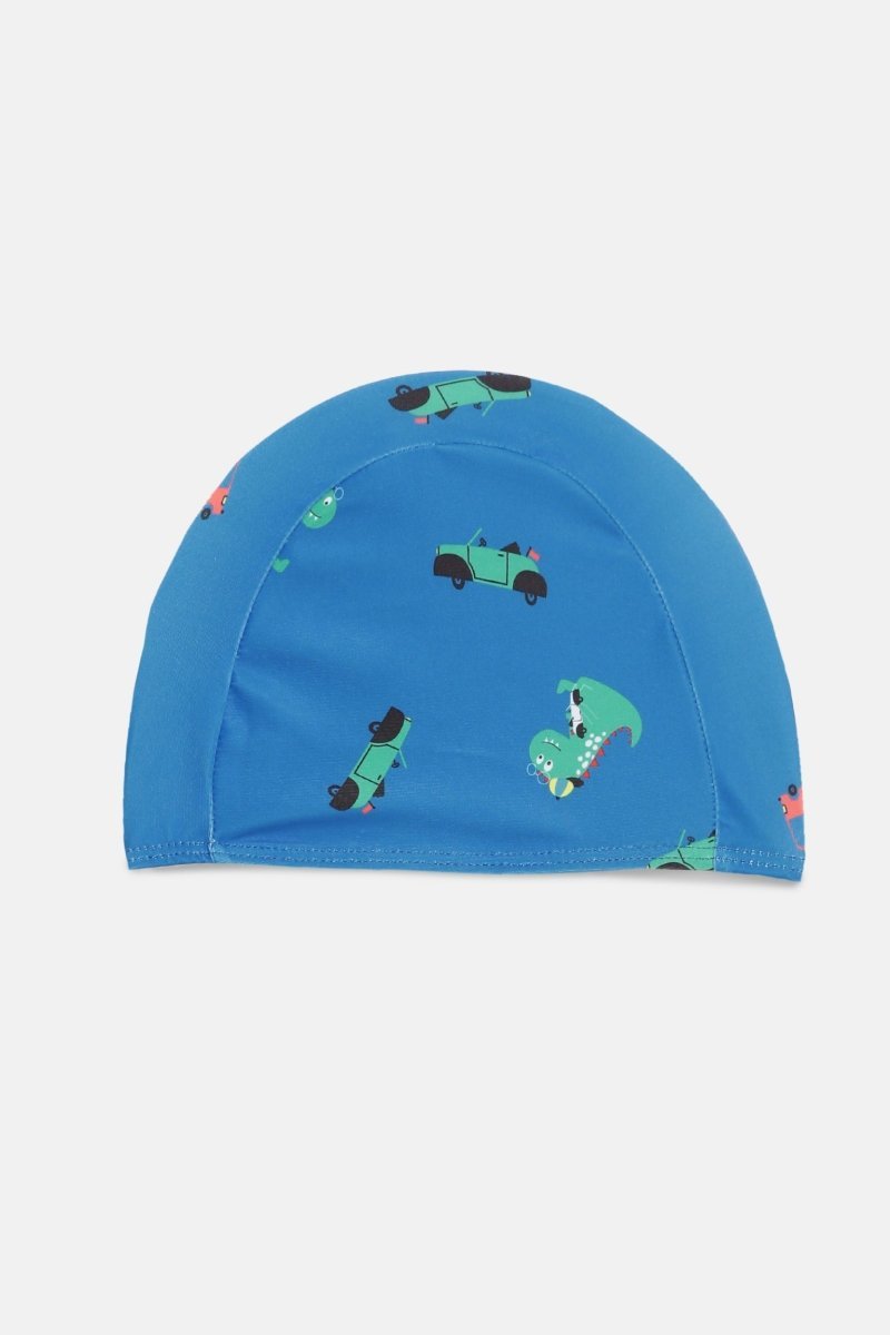 Blue Printed Dino Dive Boys Swimsuit With Matching Cap