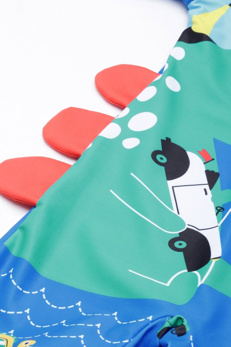 Blue Printed Dino Dive Boys Swimsuit With Matching Cap