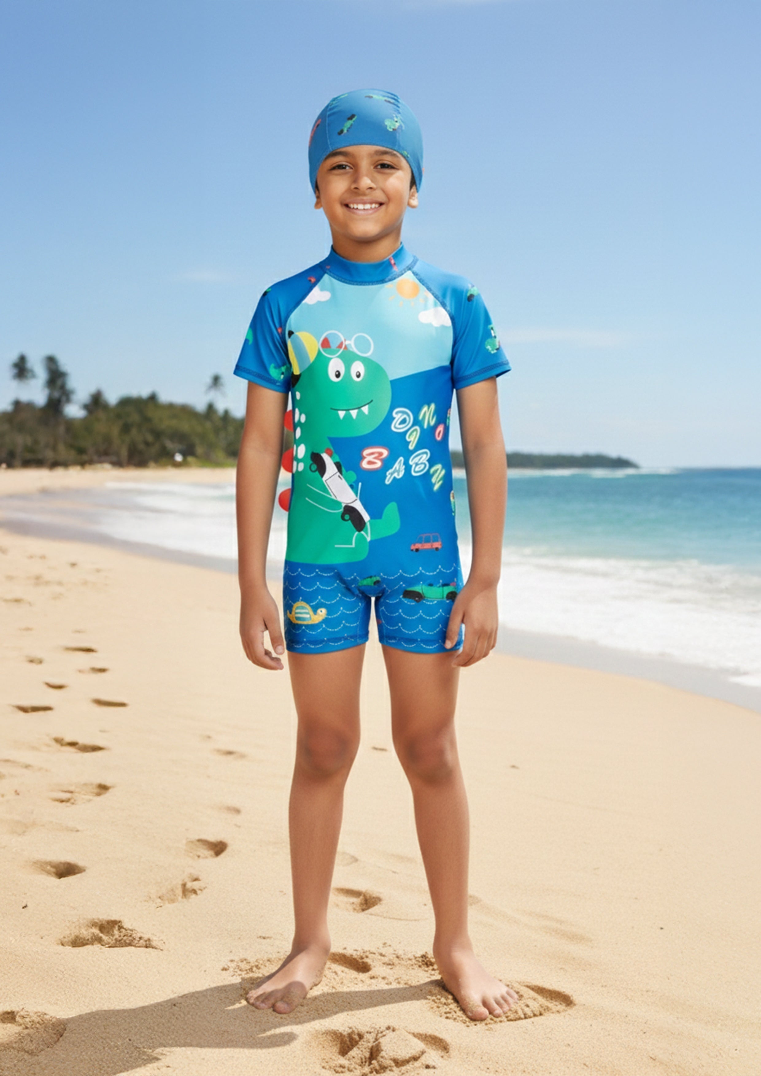 Blue Printed Dino Dive Boys Swimsuit With Matching Cap