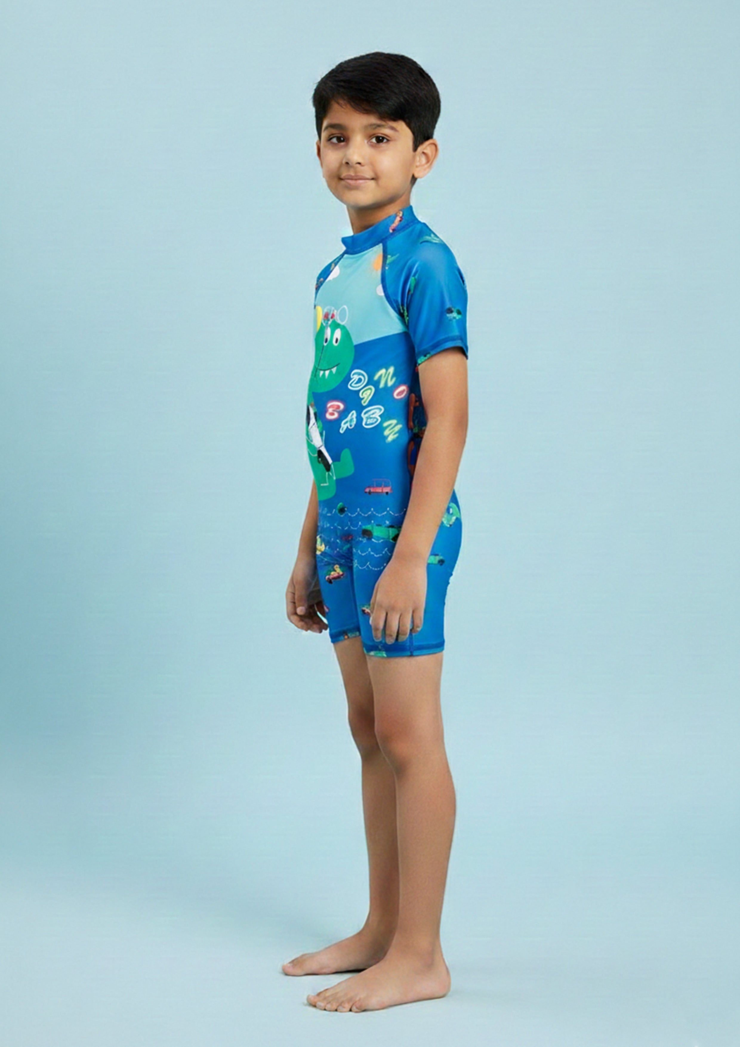Blue Printed Dino Dive Boys Swimsuit With Matching Cap
