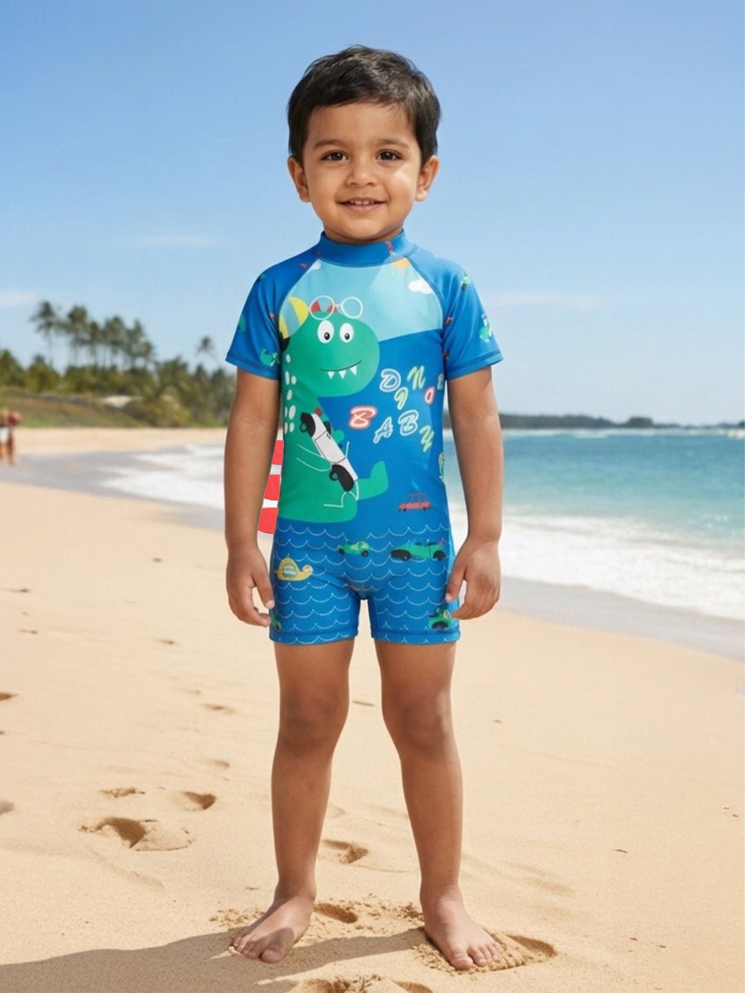 Blue Printed Dino Dive Boys Swimsuit With Matching Cap