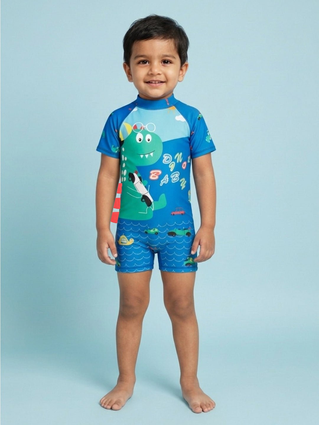 Blue Printed Dino Dive Boys Swimsuit With Matching Cap
