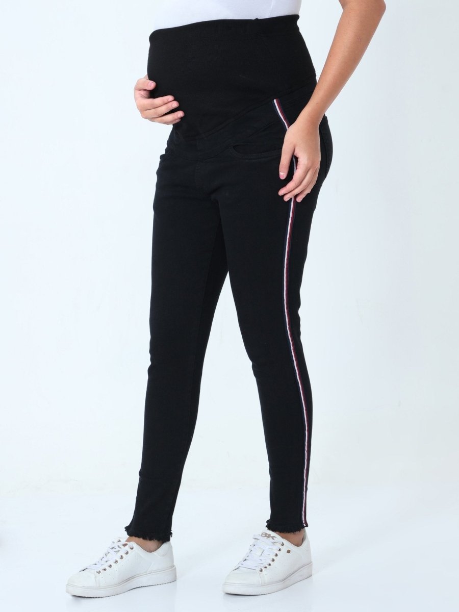  Distress Taped Maternity Denims with Belly Support Black