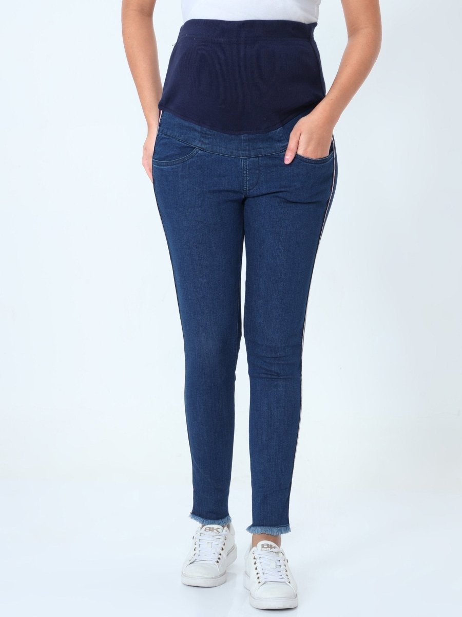  Distress Taped Maternity Denims with Belly Support Blue