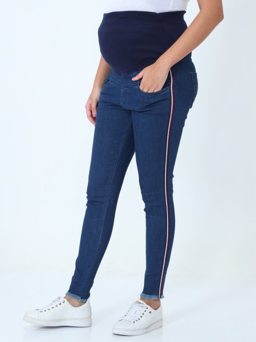  Distress Taped Maternity Denims with Belly Support Blue
