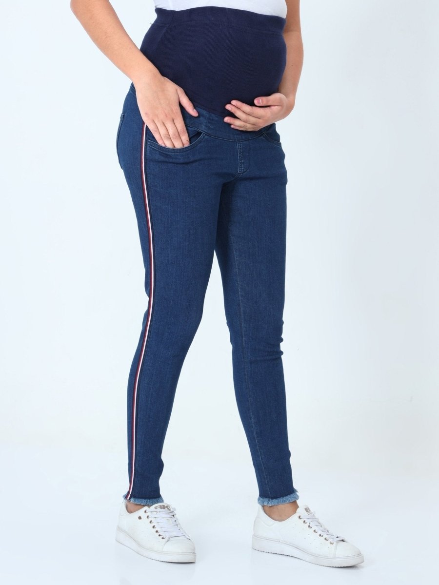  Distress Taped Maternity Denims with Belly Support Blue
