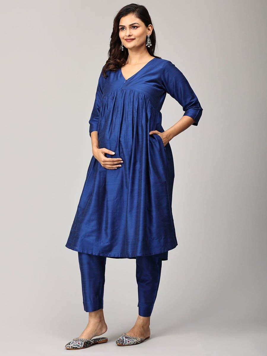  Diva Blue Maternity and Nursing Silk Kurta Set Blue