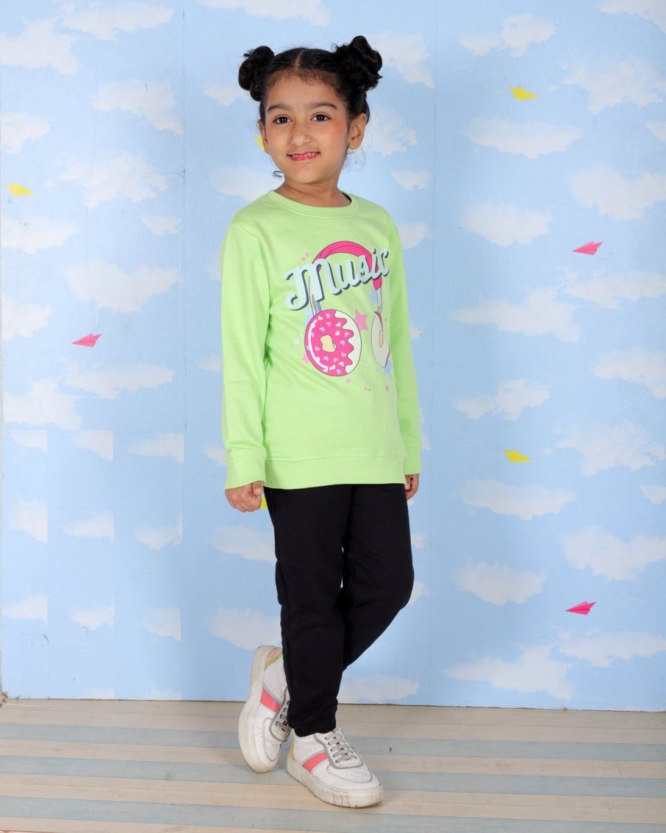  Green Donut Music Print Sweatshirt For Girls