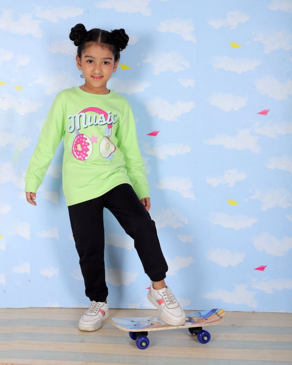  Green Donut Music Print Sweatshirt For Girls