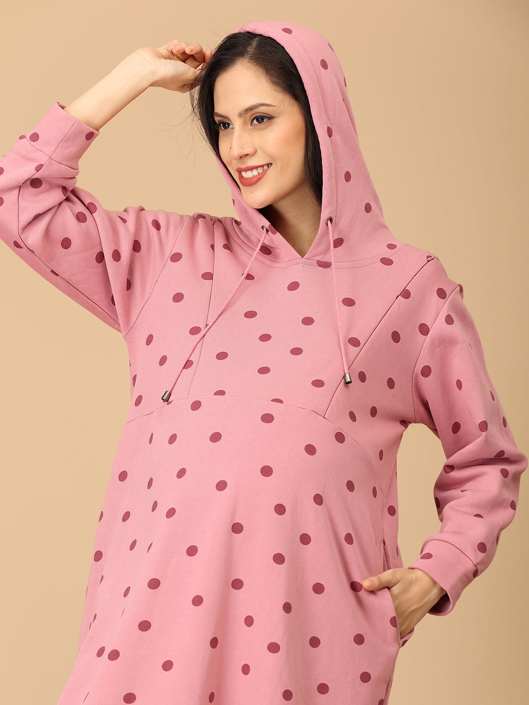  Dot Dot Blush Maternity and Nursing Hoodie Dress Pink