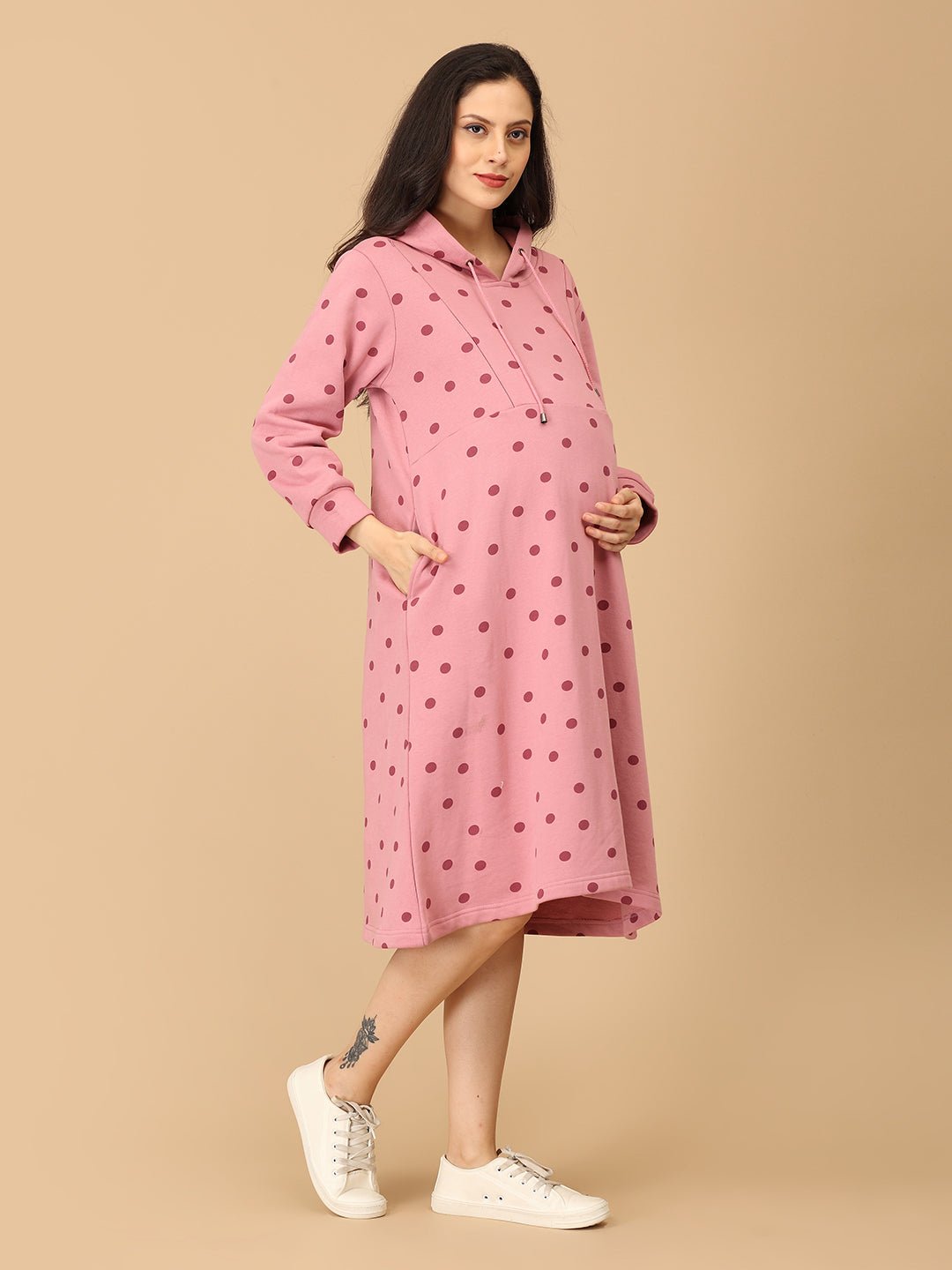  Dot Dot Blush Maternity and Nursing Hoodie Dress Pink