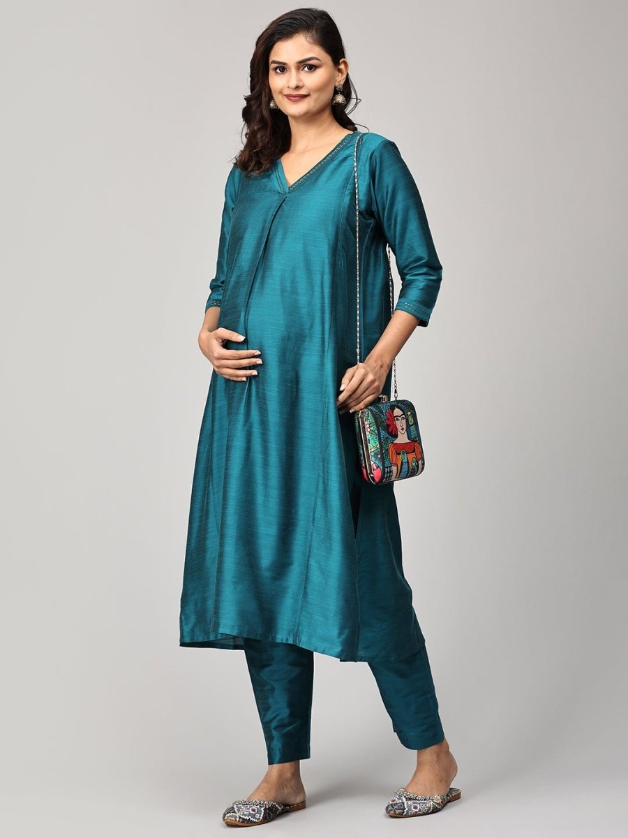  Drama at Gala Embroidered Maternity and Nursing Silk Kurta Set Teal