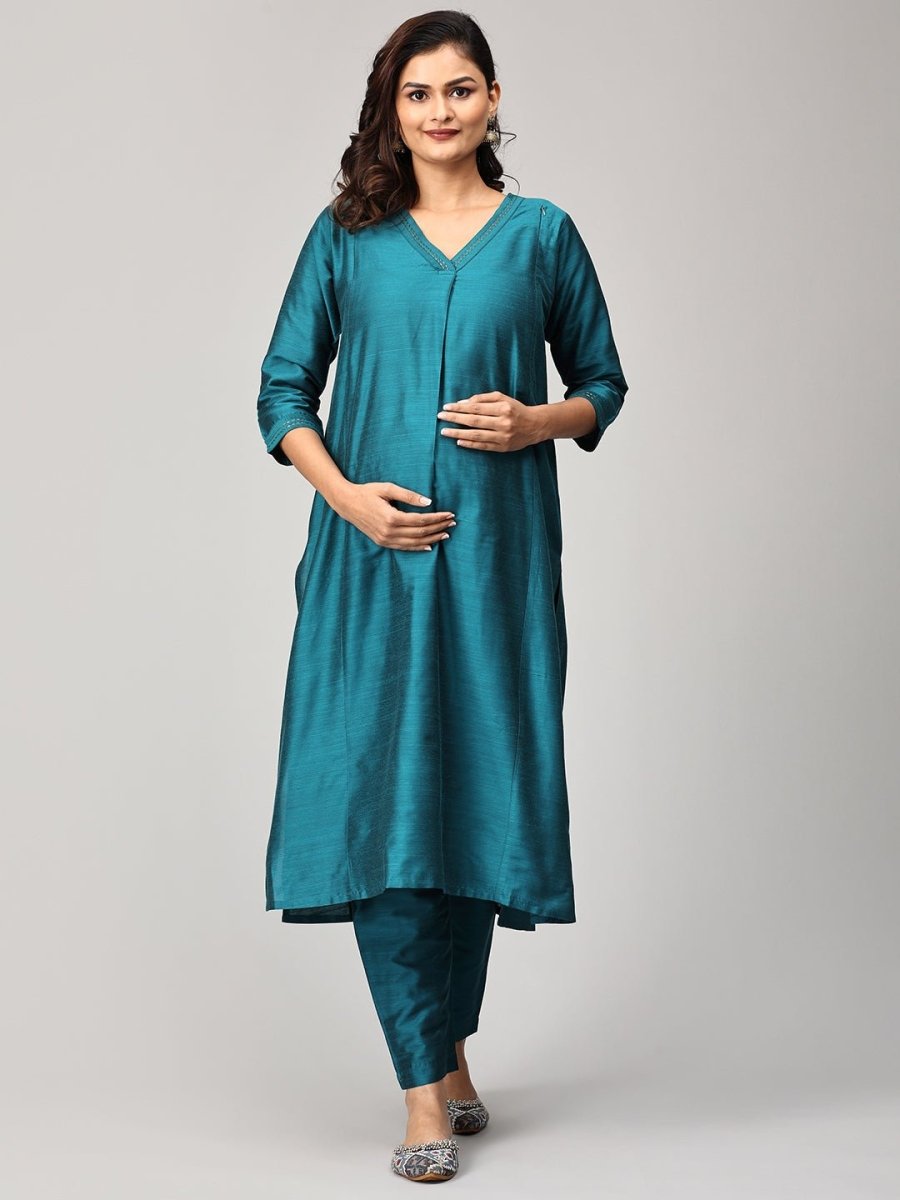  Drama at Gala Maternity and Nursing Silk Kurta Set Teal