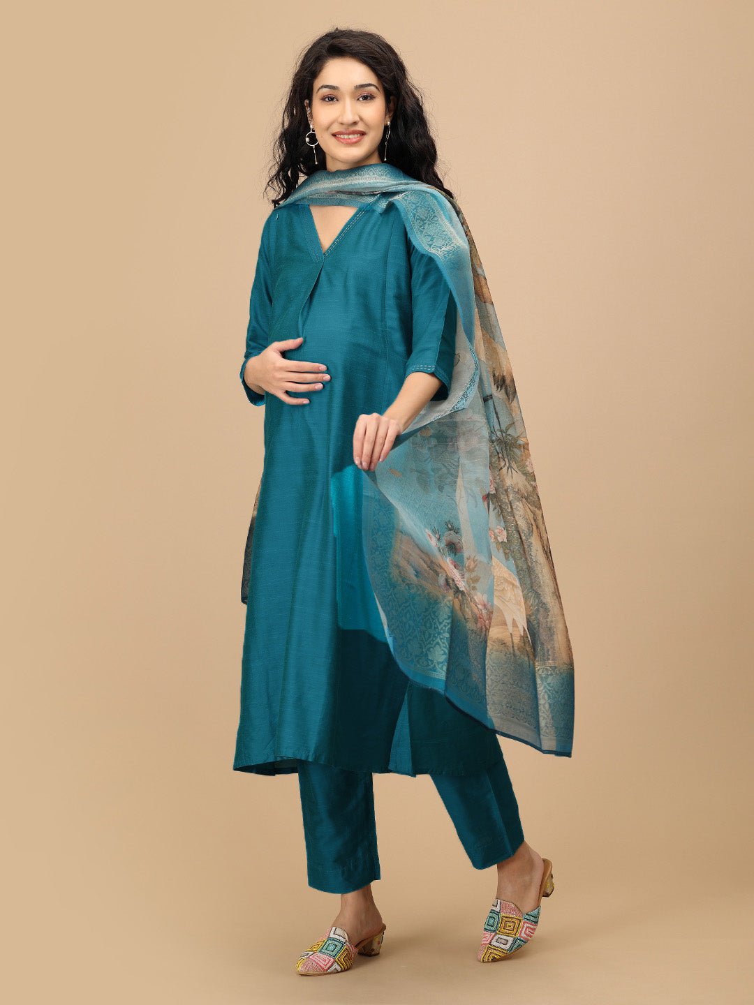  Drama at Gala Maternity and Nursing Silk Kurta Set Teal