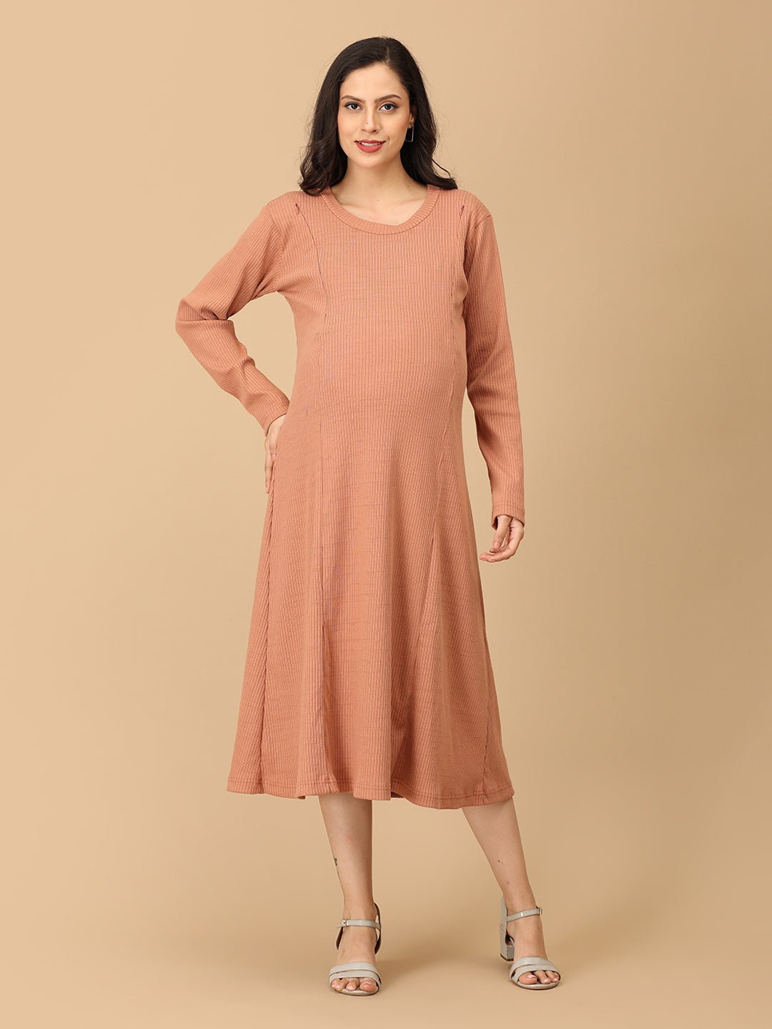  Dusty but Trusty Ribbed Maternity and Nursing Winter Dress Pink