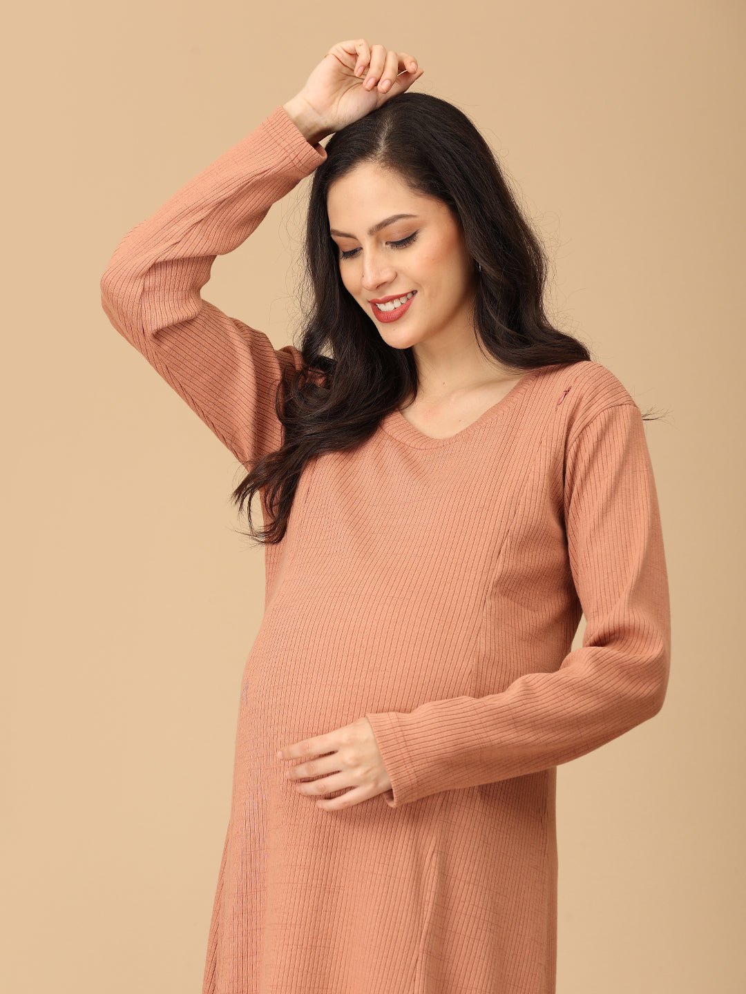  Dusty but Trusty Ribbed Maternity and Nursing Winter Dress Pink