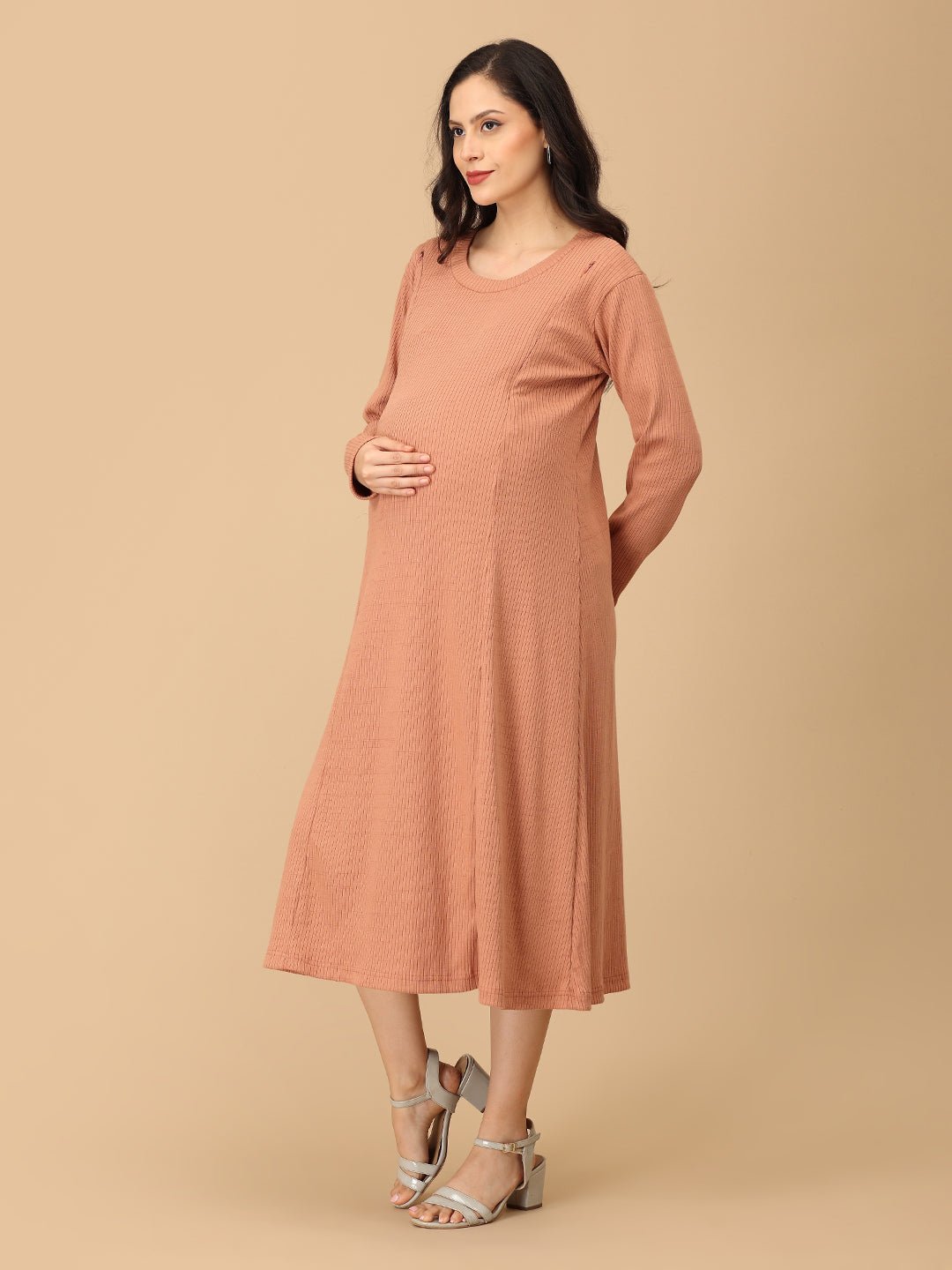  Dusty but Trusty Ribbed Maternity and Nursing Winter Dress Pink