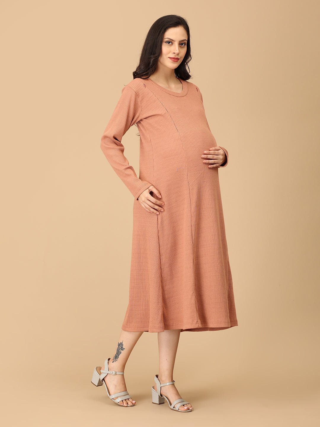  Dusty but Trusty Ribbed Maternity and Nursing Winter Dress Pink