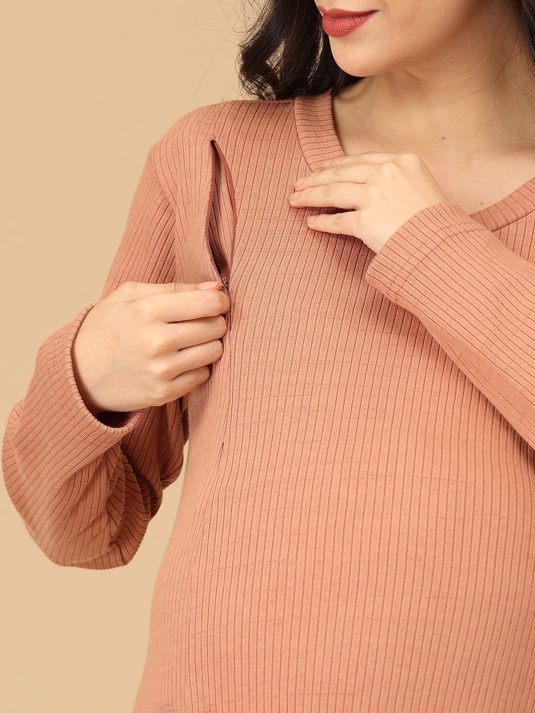  Dusty but Trusty Ribbed Maternity and Nursing Winter Dress Pink