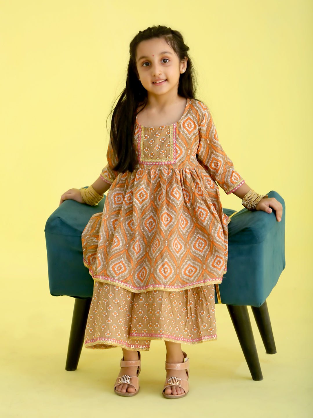 Earth Brown Floral Print Girls Anarkali Sharara Set
