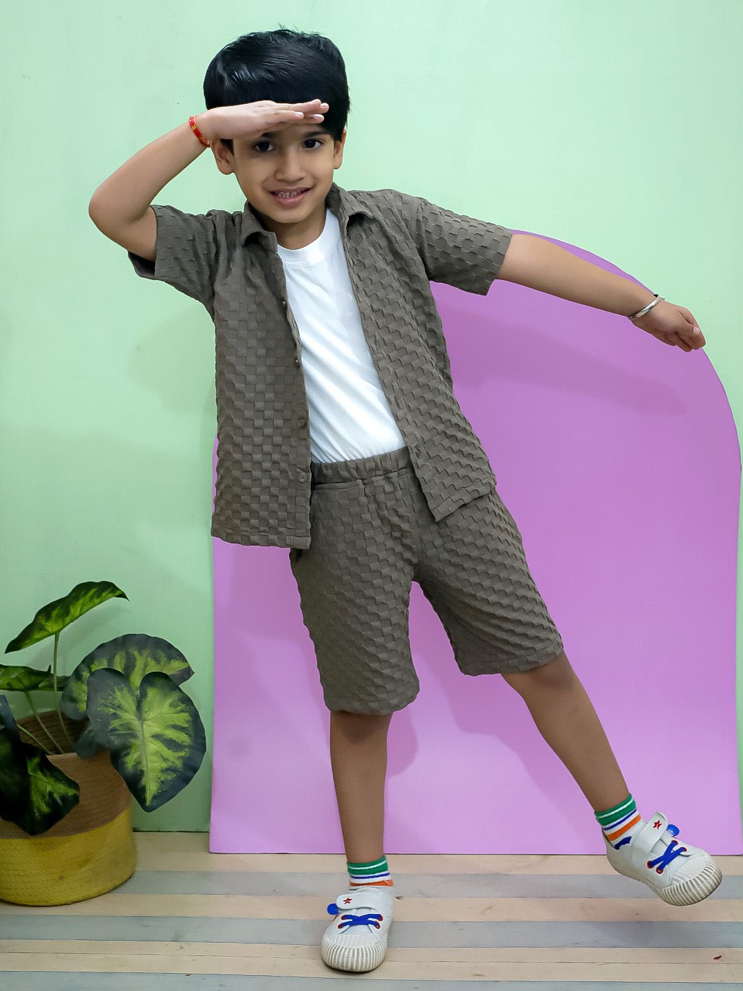 Earthy Elegance Brown Cotton Shirt T-shirt And Shorts Set For Boys