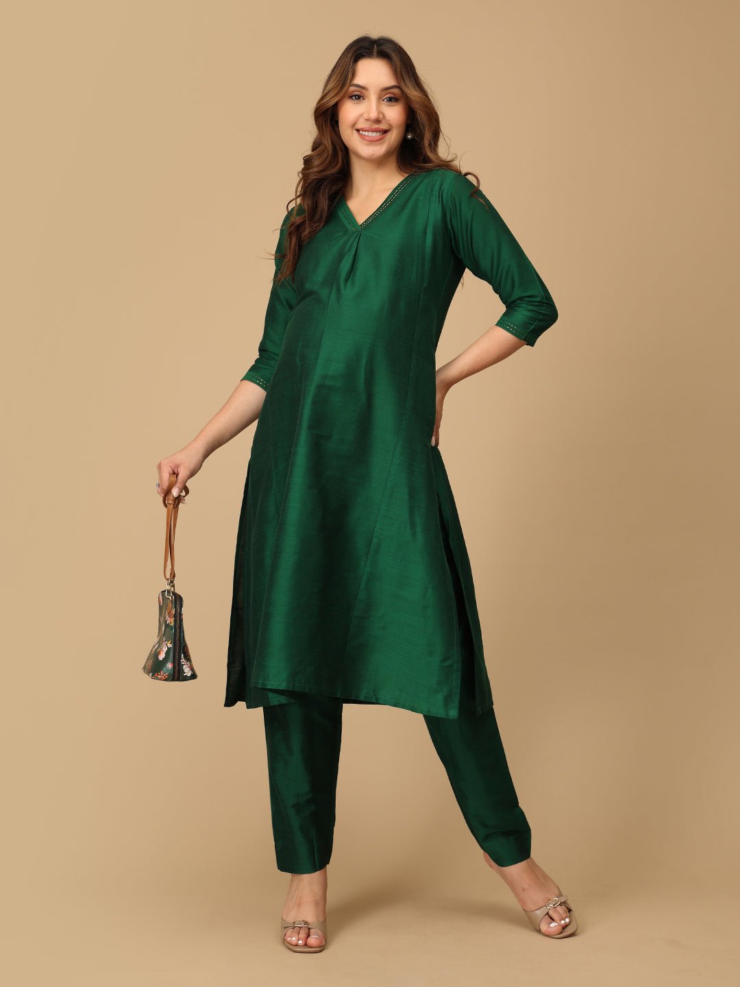  Eden Green Embroidered Maternity Silk Kurta Set Green