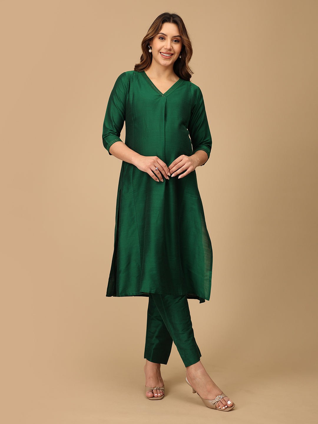  Eden Green Embroidered Maternity Silk Kurta Set Green