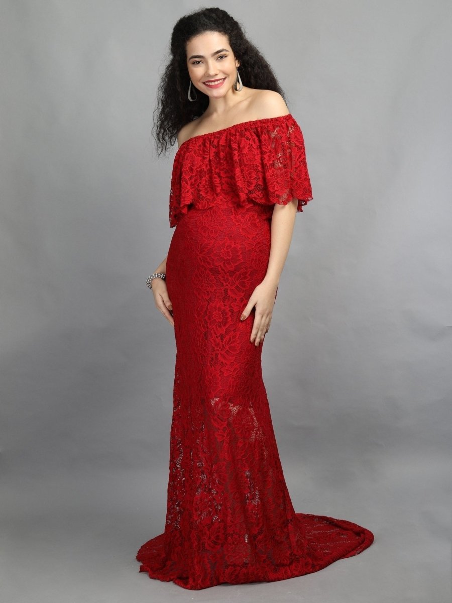  Elegant Wine Maternity Lace Gown Red