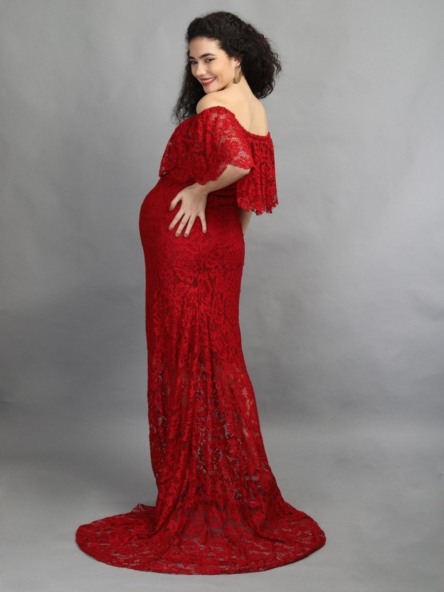  Elegant Wine Maternity Lace Gown Red