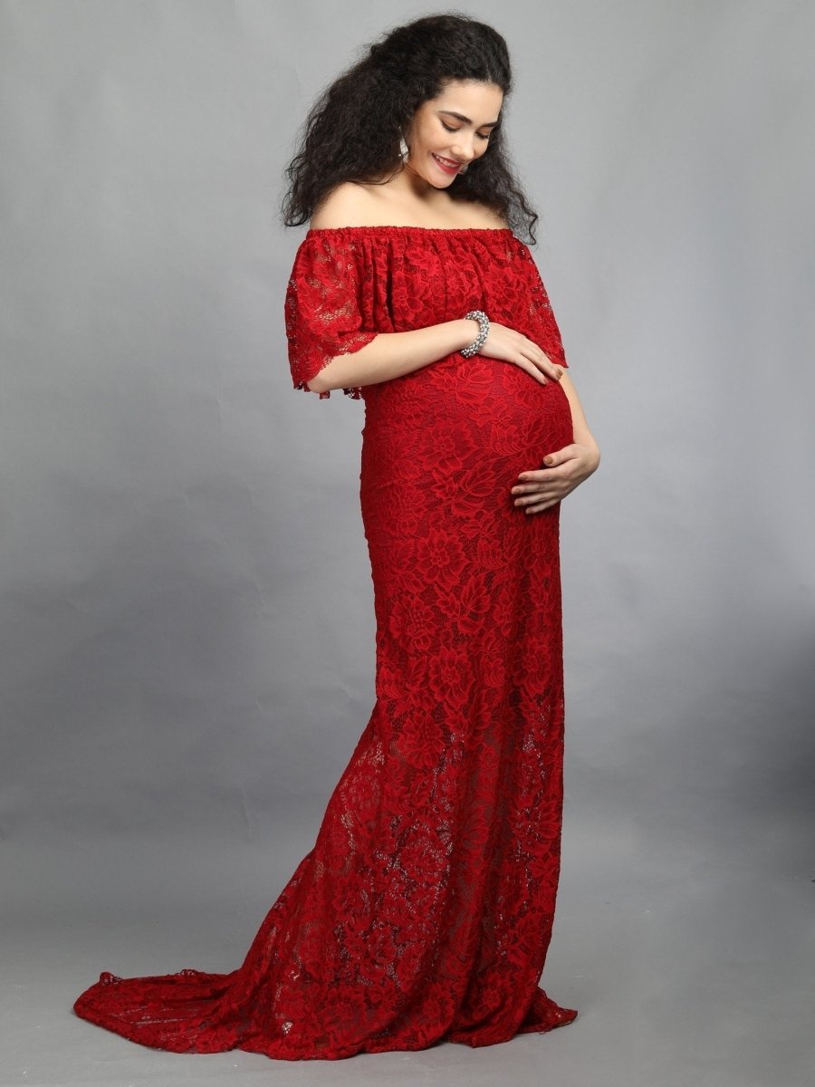  Elegant Wine Maternity Lace Gown Red