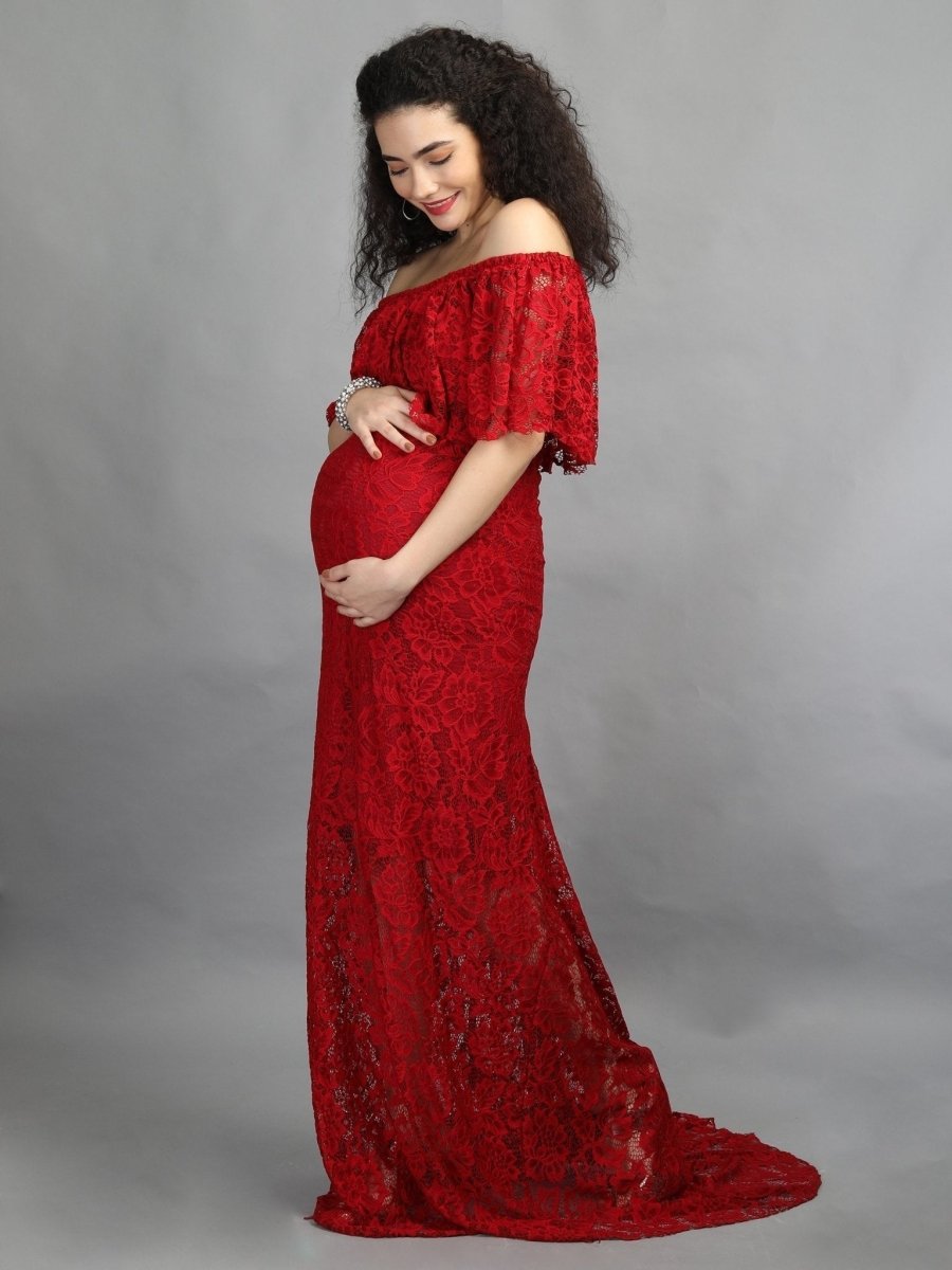  Elegant Wine Maternity Lace Gown Red
